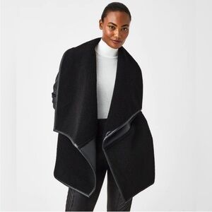 NWT Spanx Fleece & Faux Leather Long Wrap Jacket In Very Very Black Size XS
